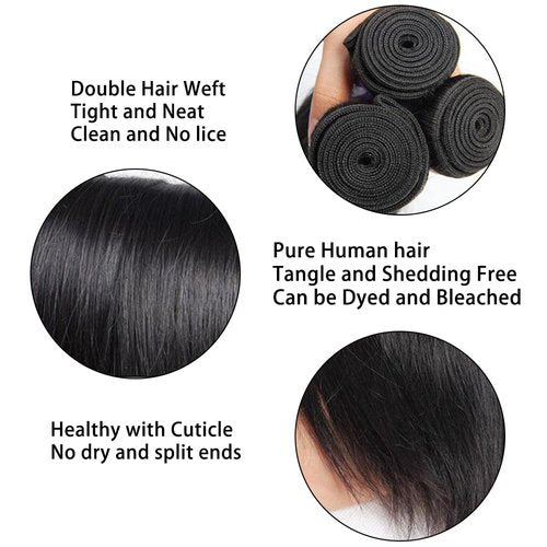 Straight Bundles with Closure Human Hair 14 16 18+12 Inch 100% Brazilian Unprocessed Virgin Body Wave 3 Bundles Human Hair with 4x4 Free Part Lace Closure Natural Black