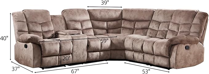 EBELLO Manual Reclining Sectional Sofa Set for Living Room, Soft Fabric Recliner Corner Sectional Couch with Center Console, Cup Holder and Storage, Brown