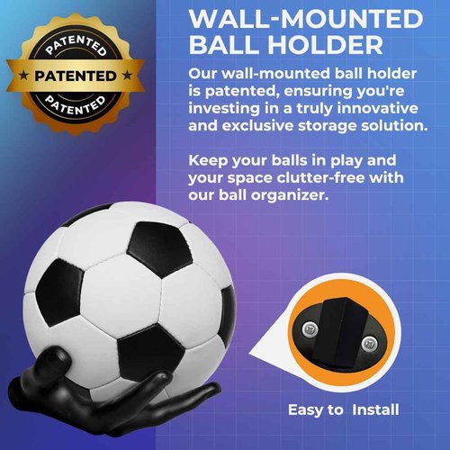 Wall-Mounted Left & Right Hand Sculptured Ball Holders – Basketball, Volleyball, Soccer & Football Display – Sports Room Decor, Basketball Wall Mount for Man Caves & Memorabilia Showcase - Black