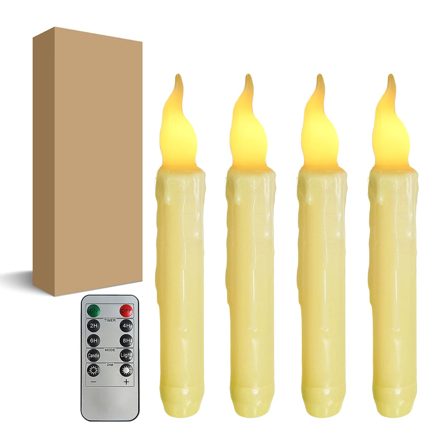 FCMSHAMD Yellow Flameless Short Taper Candles, Real Wax Hand Dipped LED Battery Operated with Remote, Flickering Flame Lights for Festival Home Décor, 6.7 Inch Primitive Flameless Candles, 4PCS