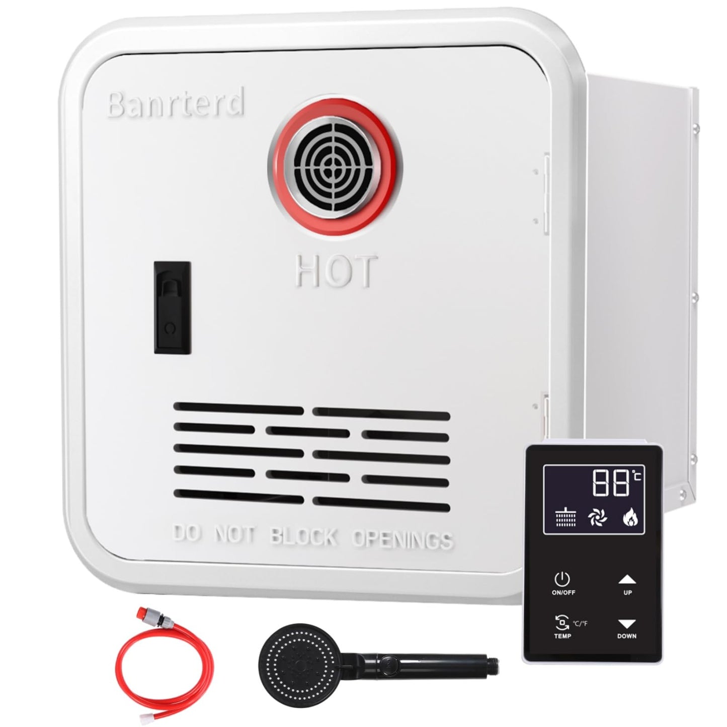 Banrterd RV Tankless Water Heater, 55000 BTU On Demand Instant Hot Water Heater, High Altitude Available, 15x15 inch White Door and Front Water Outlet, DC 12V CSA Certificated, Compatible with all RVs