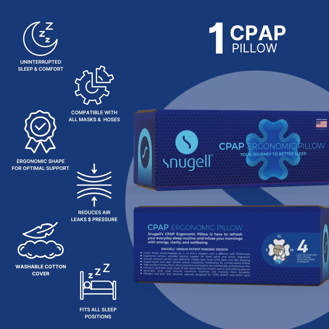 Snugell CPAP Pillow for Side Sleeping – Memory Foam with Clover-Shaped Design – Adjustable Heights (4 Options) – Provides and Promotes Proper Head & Spine Alignment for CPAP Mask Users