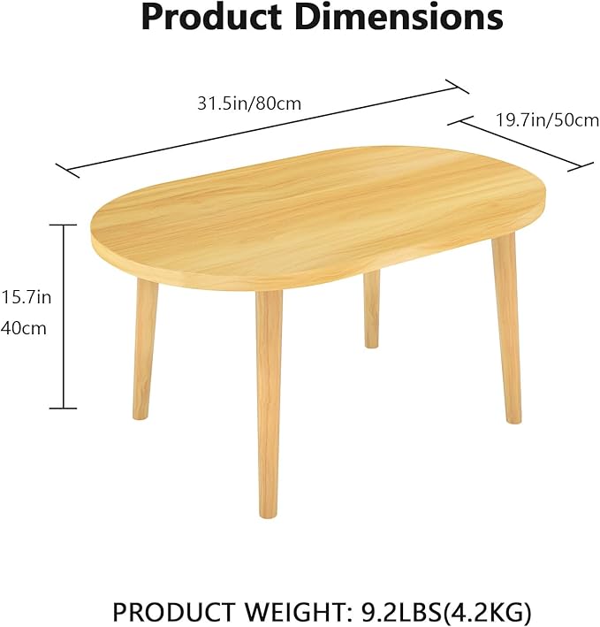 Funecy Coffee Table Low Table with Solid Wood Sturdy Legs, Floor Table Desk for Sitting on The Floor, Storage and Living Room Furniture (Natural-Oval)