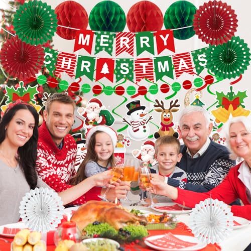 25pcs Christmas Party Decorations Merry Christmas Banner Paper Fan Garlands String Circle Dot Honeycomb Ball Swirl Streame...
