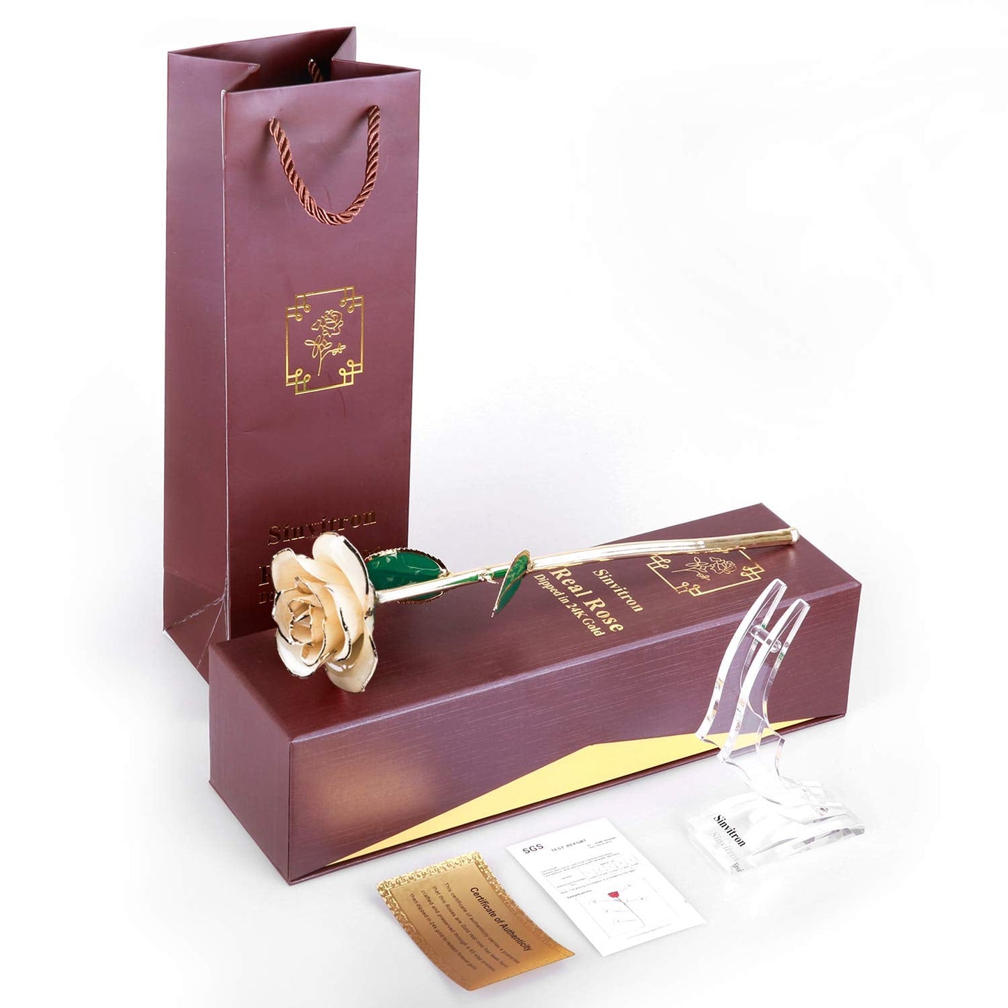 Sinvitron Gold Dipped Infinity Rose Forever Flower Decor, Resin Preserved Real Rose Birthday Gift for Women, Anniversary Present for Mom (Ivory White)
