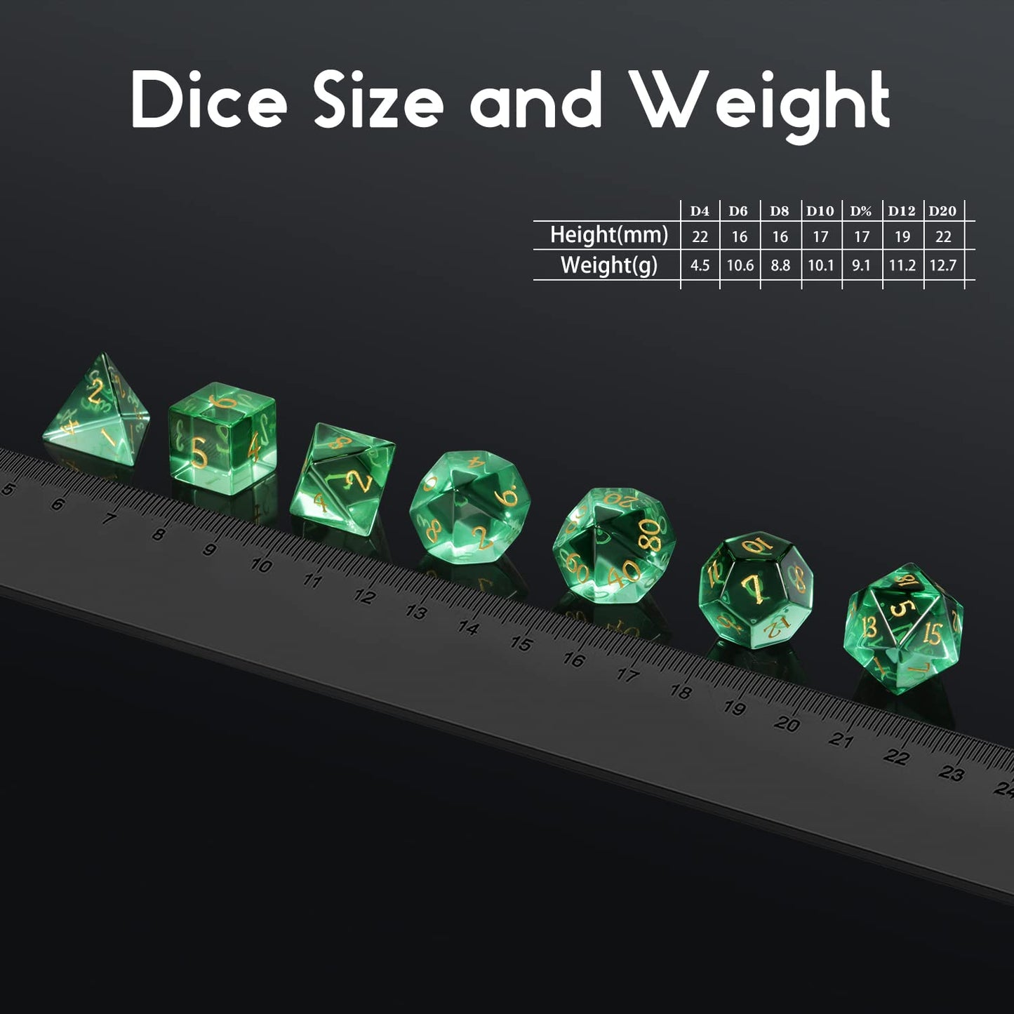 D&D Dice, DNDND 7 Piece Zircon Glass Dice Set with Great Gift Box for Dungeons and Dragon DND Tabletop Game (Green Glass with Gold Num)