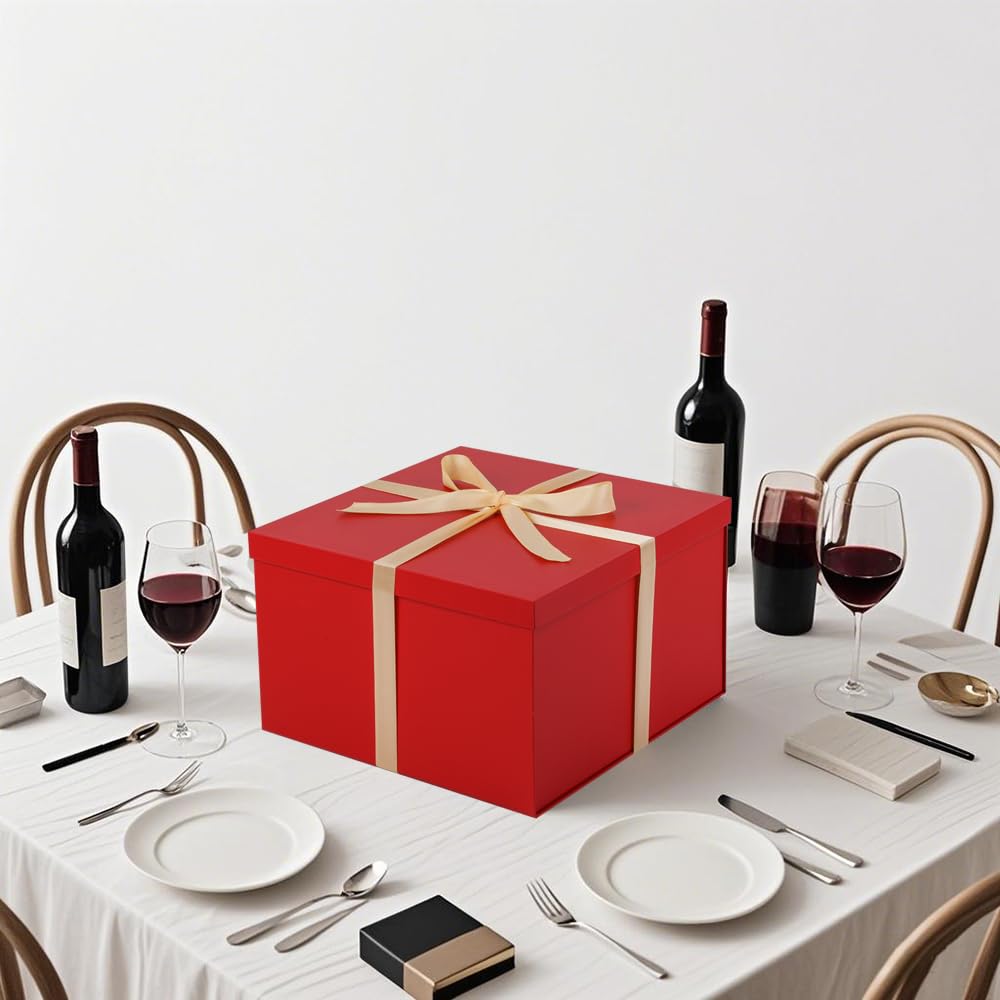 UoeRing 1Pcs Red Extra Large gift box with lids 13×13×7 Inches gift boxes for presents,Birthday Box (include Ribbon, Paper Shred Filler Gift Card & Envelopes)