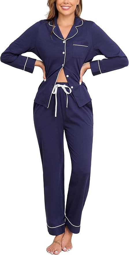 Veseacky 100% Cotton Pajamas for Women Set Long Sleeve Button Down Sleepwear Soft Pjs Lounge Sets with Pockets XS-XXL