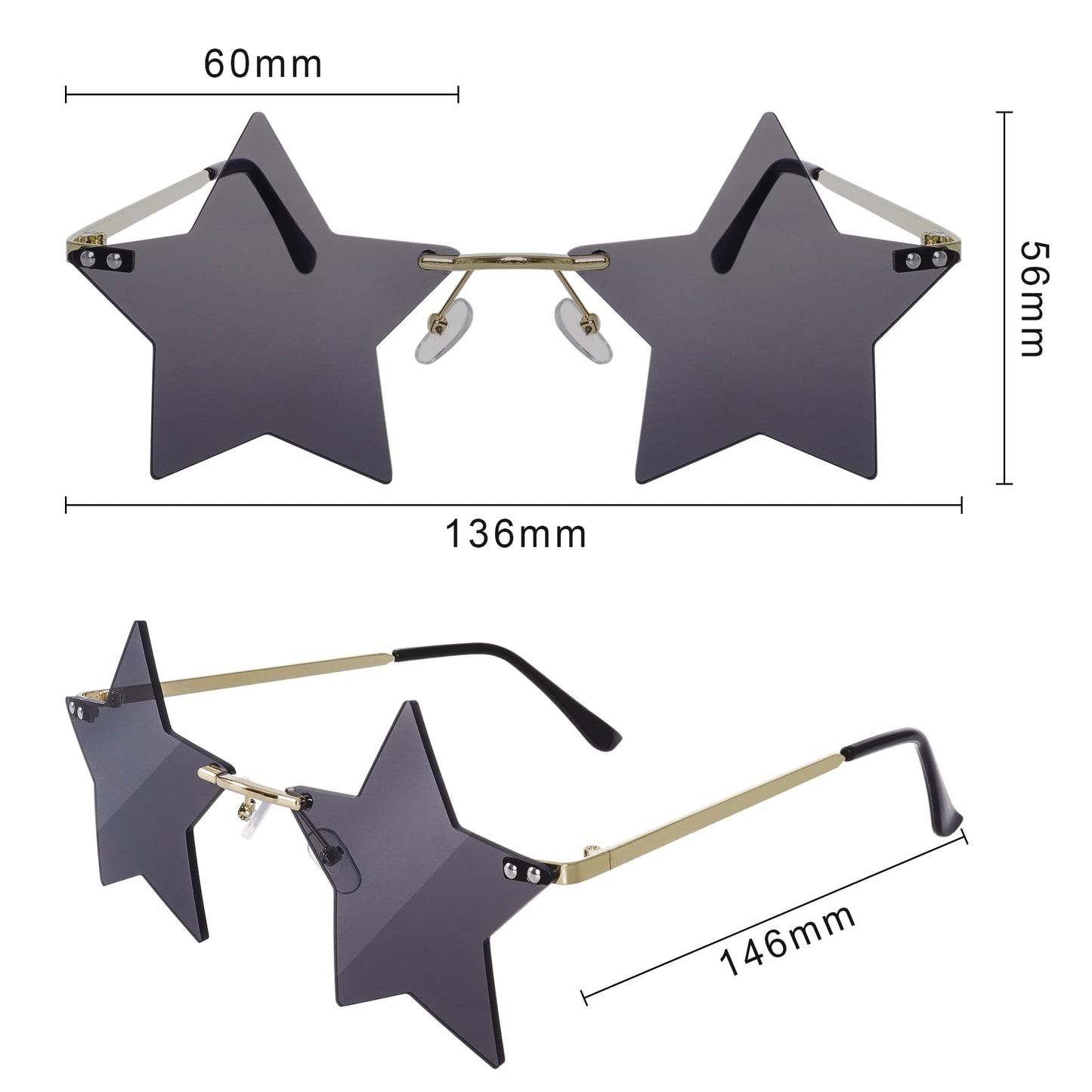 Rimless Star Shape Sunglasses Personality Star Sun Glasses for Women Men Party Glasses Pentagram Eyewear (Black)