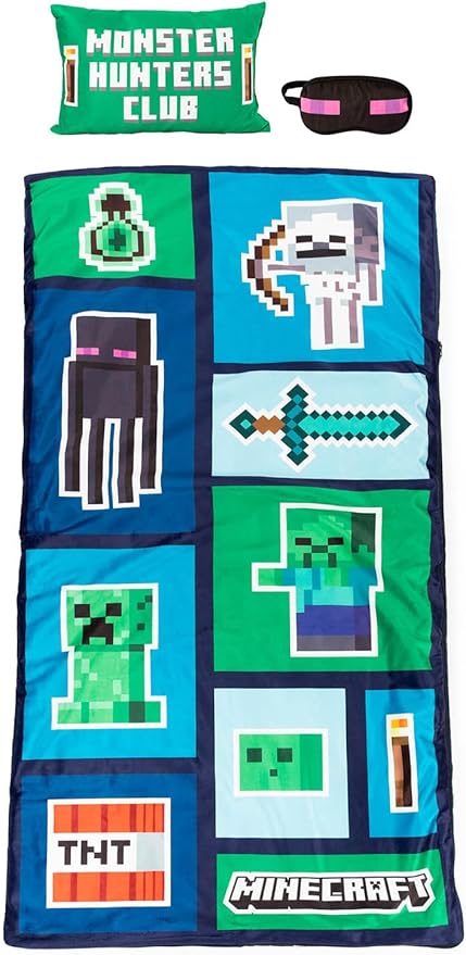 Minecraft Creeper 3 Piece Sleepover Set - Cozy & Warm Slumber Bag with Pillow & Eye Mask (Official Minecraft Product)