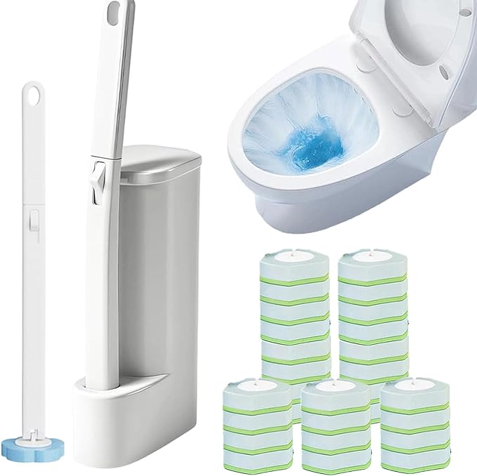 Disposable Toilet Cleaning System, 15.7'' Extended Handle Toilet Bowl Cleaner Wand, Wall Mounted Toilets Brush Holder & Refills Set, Toilets Cleaning Tool for Bathroom (28, Jasmine)