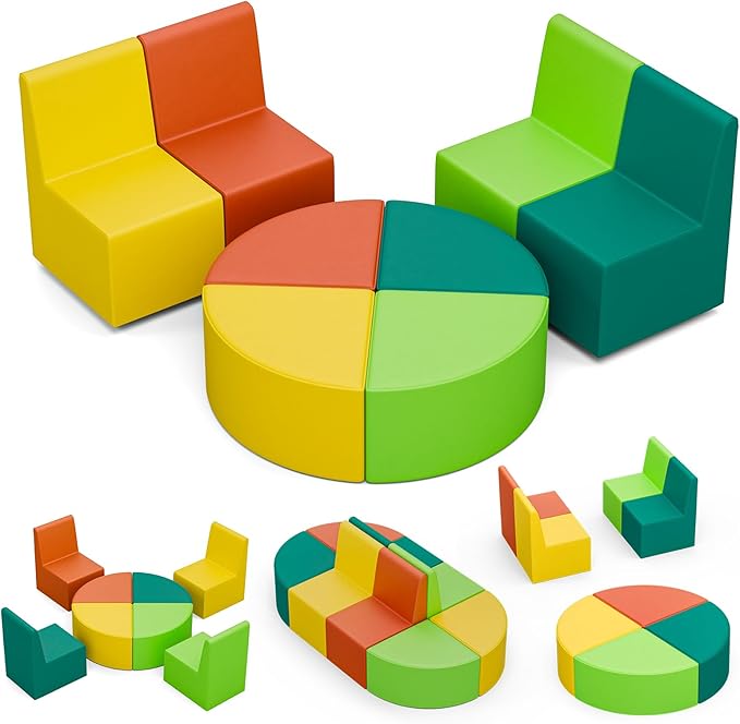 UMOMO 8-Piece Flexible Seating Set for Classroom, Colorful Modular Kids Couch for Playroom, Daycare, Preschool (Orange+Yellow+Light Green+Dark Green)