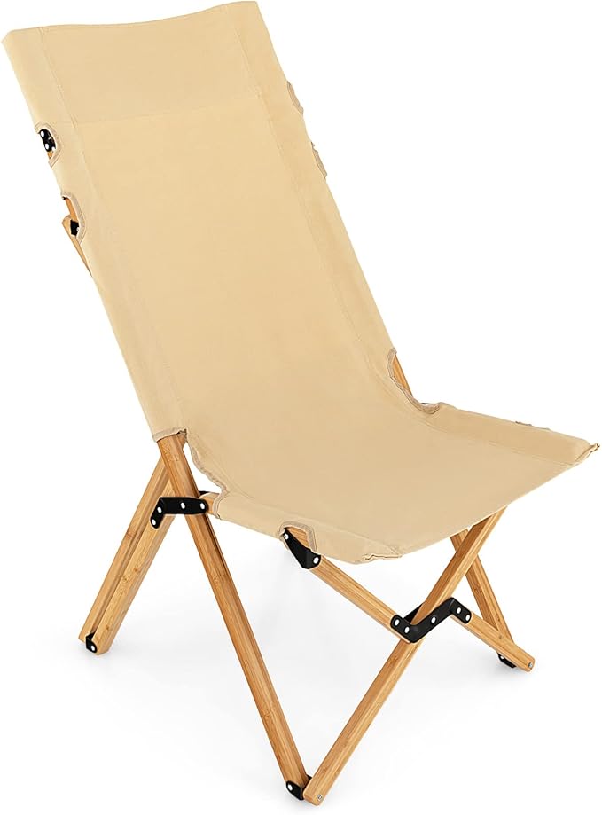 Giantex Folding Camping Chairs, Portable Beach Chairs with 2-Level Adjustable Backrest, Bamboo Frame Canvas Fabric, Outdoo...