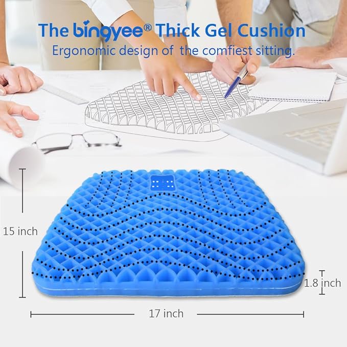 bingyee Gel Seat Cushion 1.8 Inch Thick Seating Pad Orthopedic Chair Cushions for Pressure Relief Gel Pads for Office Chair, Car, Home, Wheelchair, Kayak Cushion, Stadium Cushion