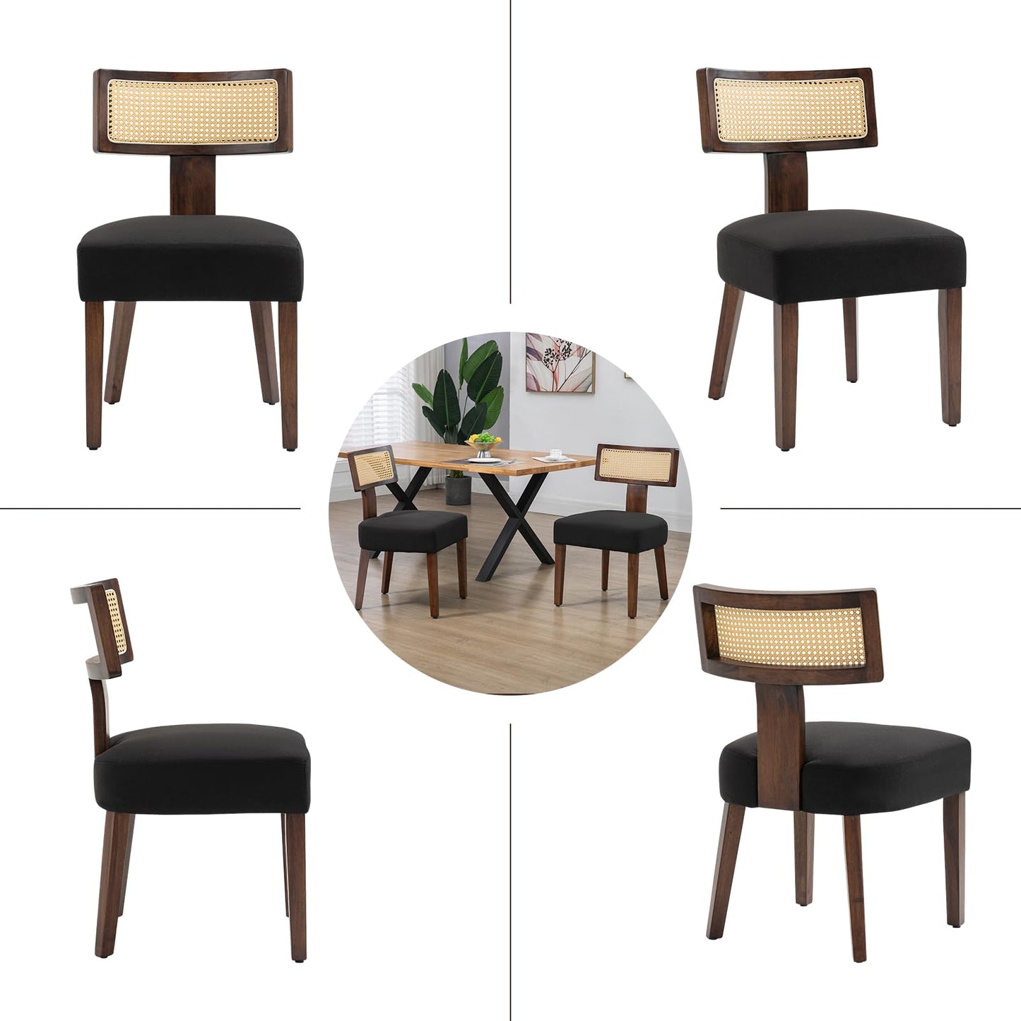 ZJhome Upholstered Rattan Dining Chairs Set of 4, Mid-Century Modern Fabric Dining Room Chairs with Brown Hardwood Frame, Curved Backrest Kitchen Armless Accent Chairs for Living Room (Black)