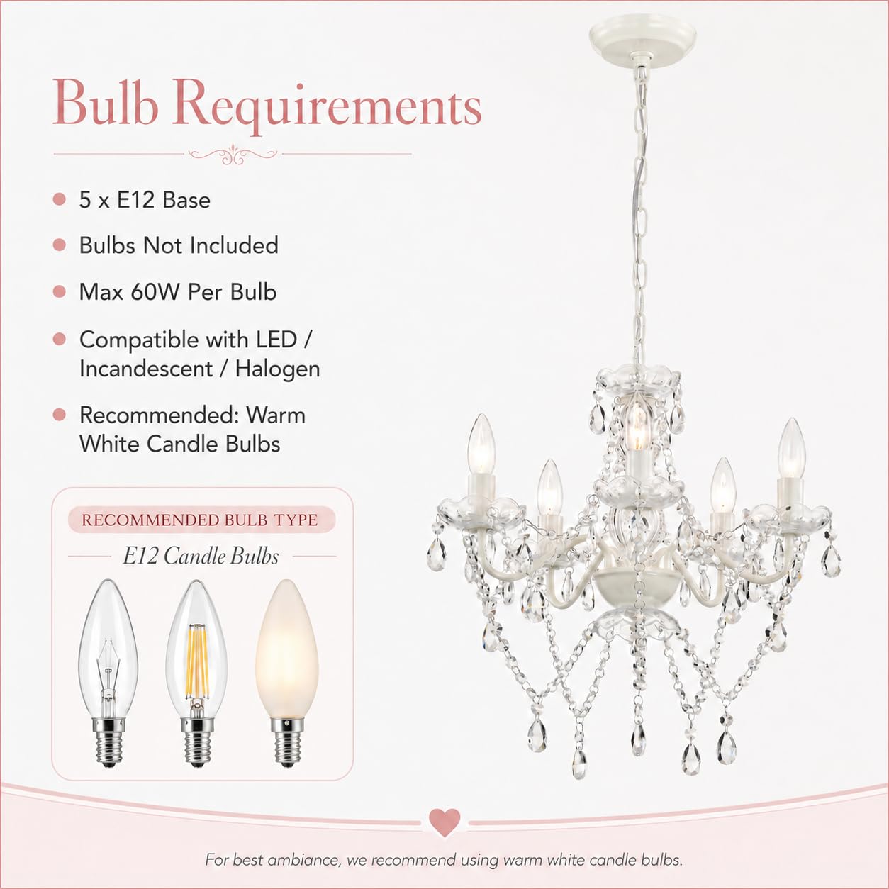 Antique House Small White 5-Light Crystal Chandelier, Modern Glass Chandelier Lighting Fixture, Small Chandelier for Bedroom, Dining Room, Living Room, Kitchen, Foyer, Girls Room Ceiling Light