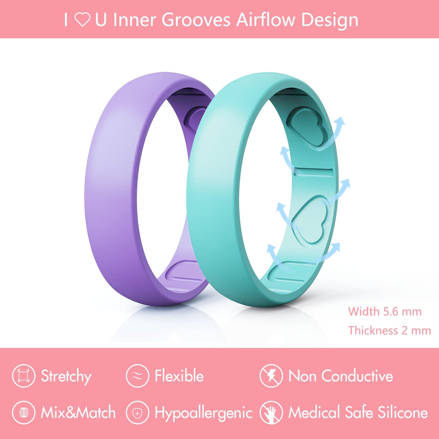 Qinaoco Silicone Rings for Women - Heart [I Love U] Pattern Airflow Inner Grooves Breathable Rubber Wedding Ring Silicone Weddin