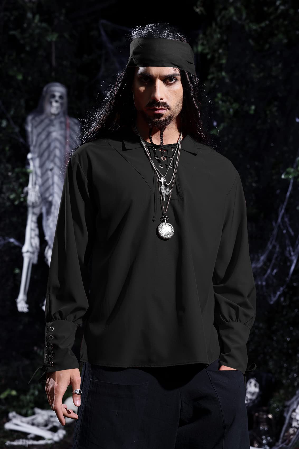 Karlywindow Mens Medieval Pirate Shirts Lace Up Scottish Mercenary Halloween Costume Shirt Tops Black