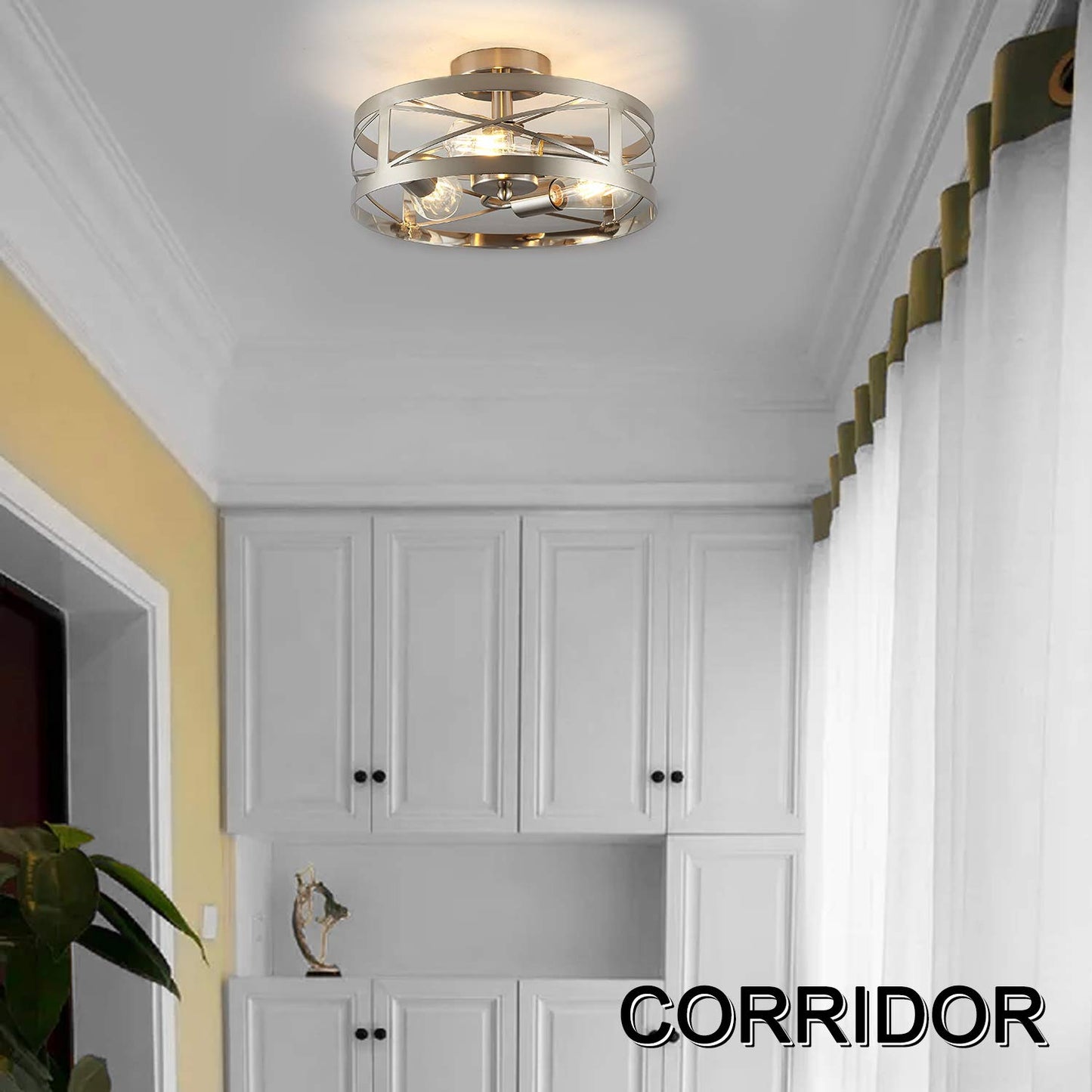 SHENGQINGTOP Modern 3-Light Semi-Flush Mount Ceiling Light 13 Inches Round Lighting Fixtures for Kitchen Island Dining Room Bedroom Farmhouse Foyer Hallway Front Door, Brushed Nickel Finish