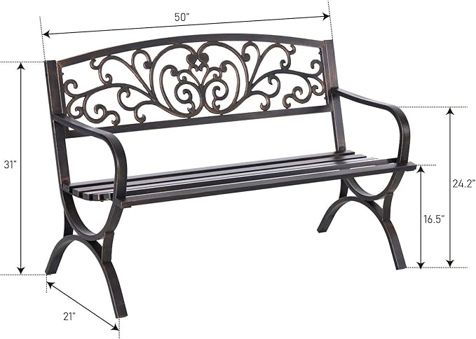 MFSTUDIO Outdoor Metal Bench Set of 2, 50 Inches Outdoor Garden Bench, Cast Iron Metal Frame Patio Park Bench with Floral Pattern Backrest, Arch Legs for Porch Lawn Yard, Bronze