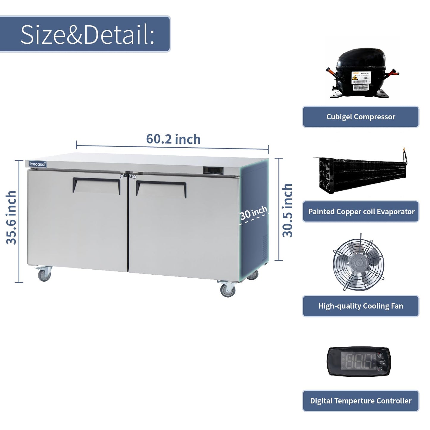 ICECASA 60" W Commercial Freezer Worktop Undercounter Double Door Stainless Steel Counter Fan Cooling Freezer 16.4 Cu.ft for Restaurant, Bar, Shop, etc