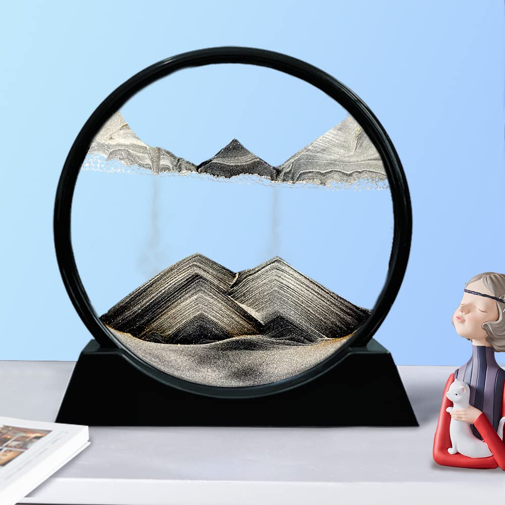 Aoderun Moving Sand Art Picture Round Glass 3D Deep Sea Sandscape in Motion Display Flowing Sand Frame Relaxing Desktop Home Office Work Decor (7", Black)
