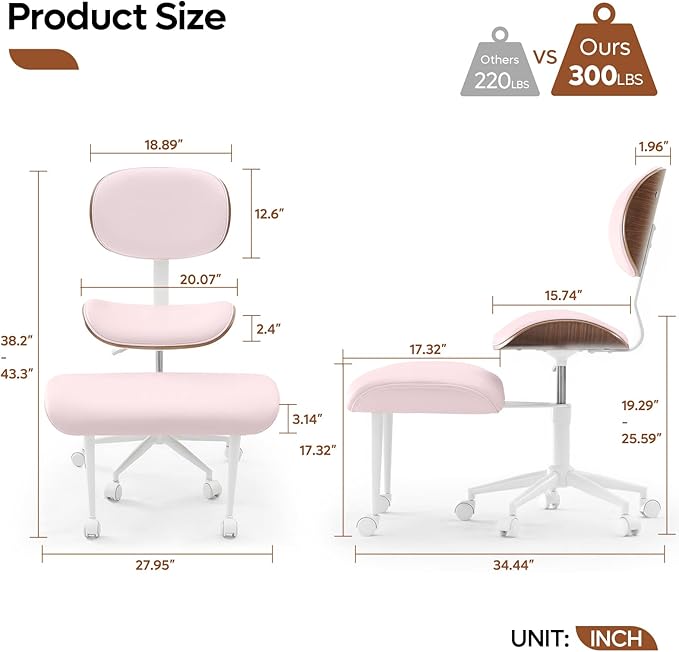 Bestier Meditation Chair with Wider Bentwood Back Support, Ergonomic Cross Legged Office Chair for Adults up to 300 lbs, 360° Swivel Adjustable Height for Multi Position (Contemporary Bentwood, Pink)