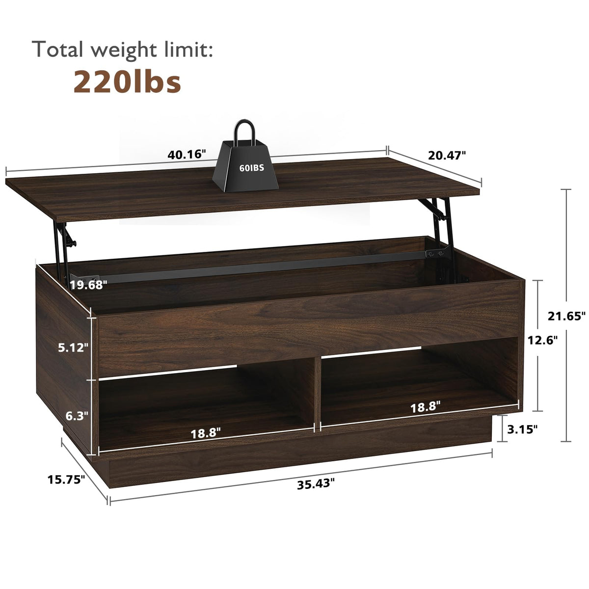 HOMMPA Modern Lift Top Coffee Table with Storage for Living Room LED Coffee Table Wodden Lift Tabletop Dining Table with Hidden Compartment and Metal Frame, Walnut
