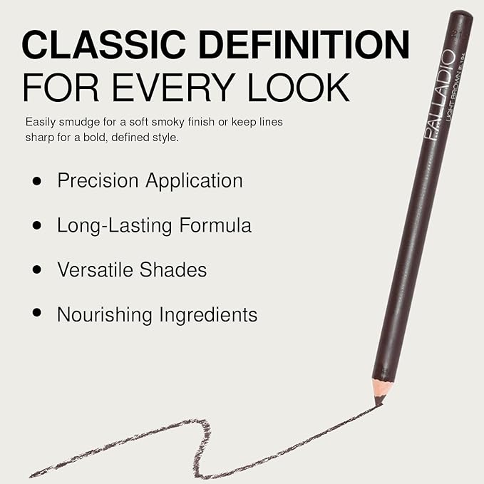 Palladio Wooden Eyeliner Pencil, Thin Pencil Shape, Easy Application, Firm yet Smooth Formula, Perfectly Outlined Eyes, Contour and Line, Long Lasting, Rich Pigment, Light Brown