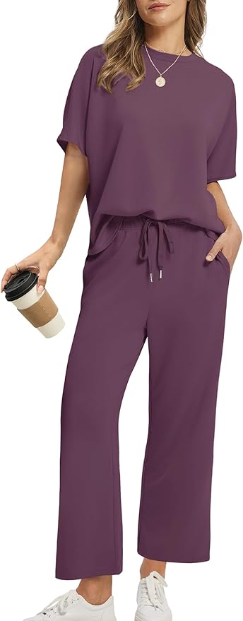Sampeel Two Piece Sets for Women Summer Outfits Oversized Wide Leg Crop Pants Lounge Sets Airport Beach Vacation Clothes