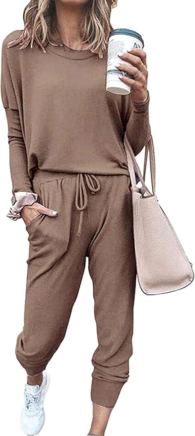 PRETTYGARDEN Women Fall 2 Piece Lounge Outfit Long Sleeve Tops High Waisted Jogger Pants Set Spring Travel Clothes Tracksuit
