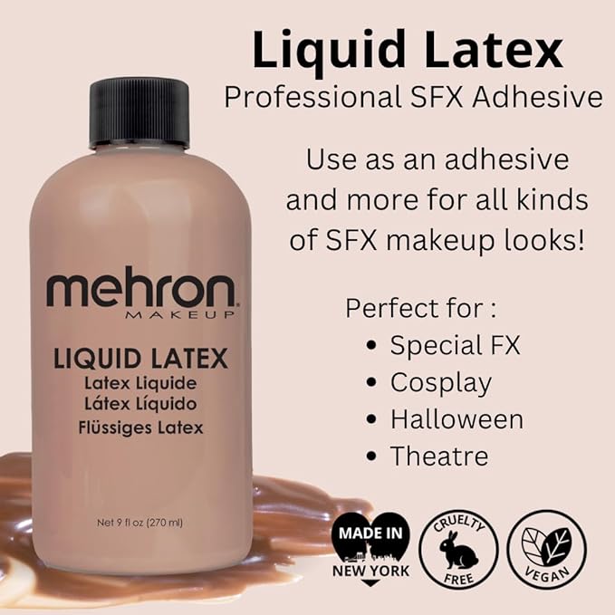 Mehron Makeup Liquid Latex | SFX Makeup | Halloween Latex Makeup | Latex Glue for Skin | Prosthetic Glue 9 fl oz (266 ml) (Dark Flesh)