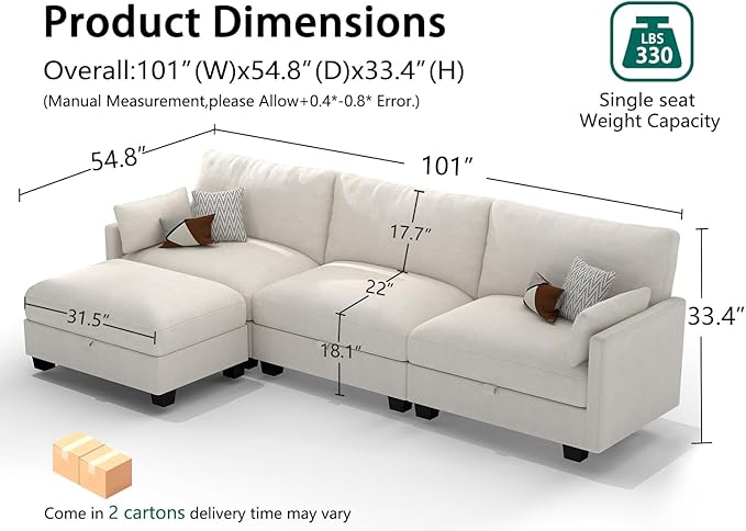 OhaiAura Modular Sectional L Shaped Sofa Couches for Living Room, Cloud Couch with Storage Ottoman, Comfy Chenille Sofa with Pillow, Beige