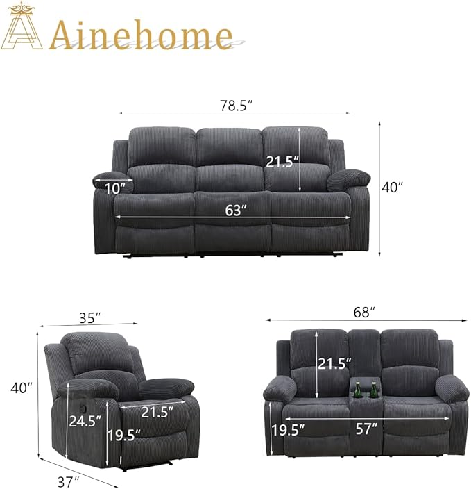 A Ainehome Living Room Furniture Set Recliner Sofa Set Loveseat Chair Furniture Sofa Set Grey Corduroy for Living Room/Rv/House/Theater Seating (A-Dark Grey Corduroy, 3 Piece Set)