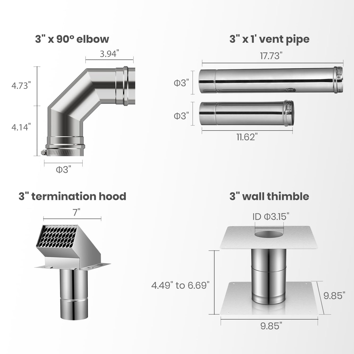 GASLAND 3" Stainless Steel Vent Pipe Kit for Gas Tankless Water Heaters, Includes 3" Termination Hood,3" x 90 Degree Elbow, 3"x 1' Vent Pipe,3" x 1.5' Vent Pipe and 3" Wall Thimble