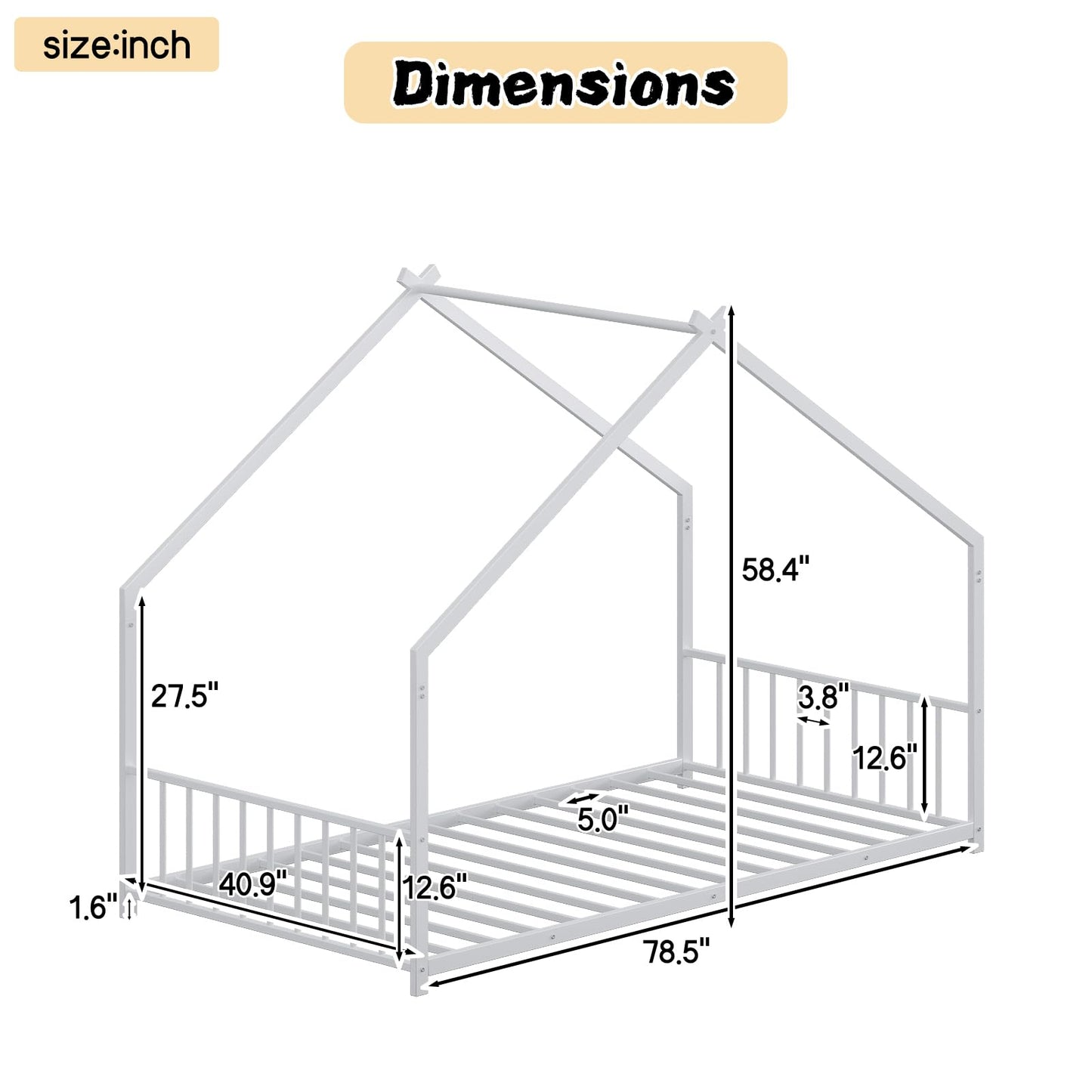 Bellemave Twin Size Montessori Floor Beds with Light, Twin Size House Floor Bed with Headboard and Footboard, Easy Assemble Montessori Bed Frame, White