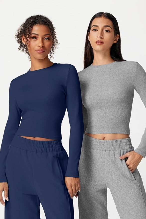 QINSEN Womens 2 Piece Sets Long Sleeve Slim Fit Crop Tops Wide Leg Pants Matching Lounge Set