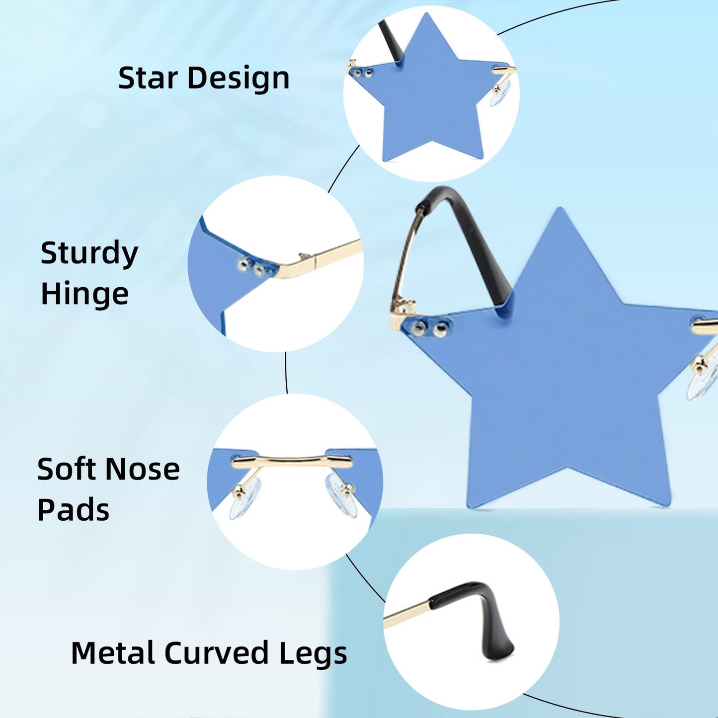 FUNUPUP Blue Star Shape Sunglasses Rimless Transparent Star Sun Glasses for Women and Men Party