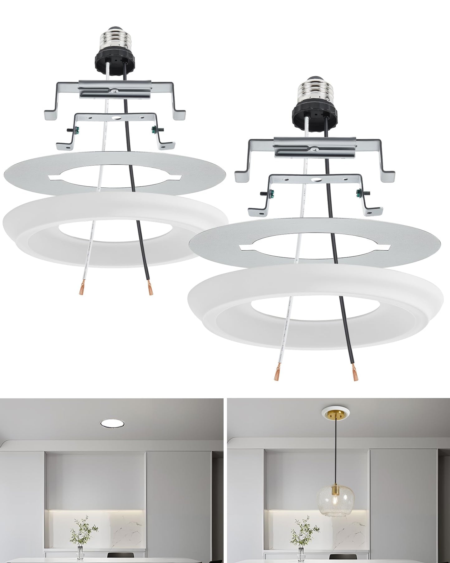 Luvkczc 2-Pack Recessed Can Light Conversion Kit for 5" and 6" Ceiling Fixtures - Pendant/Hanging Light Upgrade, Includes E26 Socket, Mounting Bracket, Round Ceiling Plate（White）