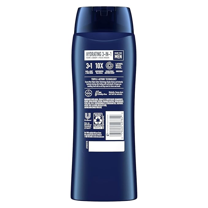Suave Men Moisturizing Body, Face and Hair Wash, 3-in-1 For Hydrated Skin and Hair, Citrus & Musk scent, No Parabens, No Phtahaltes, 18 Oz Pack of 6