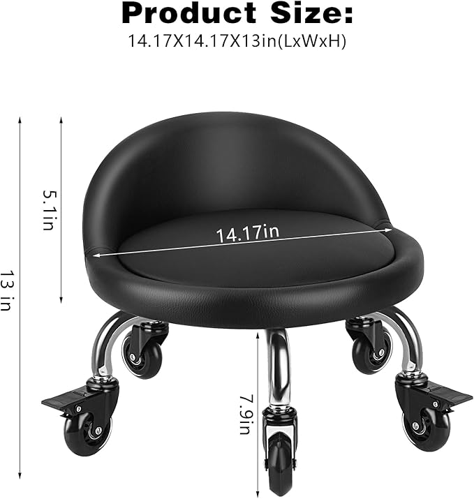 LWADALN Rolling Stool with Backrest Low Height Rolling Stool with PU Leather, Roller Stool Chair, Roller Seats for Home, Office, Garage, Shop, Library (3.2" h Casters)