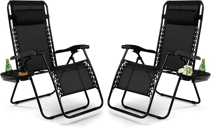 Tangkula Set of 2 Zero Gravity Chair, Folding Patio Lounge Chair Adjustable Outdoor Recliner with Cup Holder, Wide Armrest for Patio Garden Poolside Outdoor Yard Beach, Support 350 lbs (2, Black)