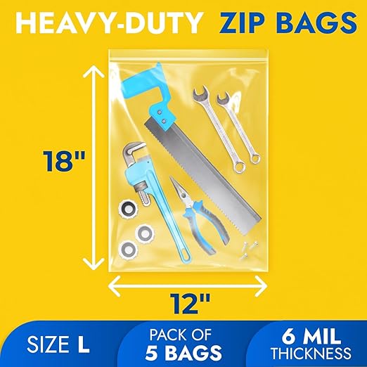 12" x 18" Large Zip Seal Lock Bags, 6 Mil (Pack of 5) – Heavy-Duty Reclosable Plastic Bags – Clear, Resealable, Waterproof – For Storing and Organizing Clothes, Jewelry, and Travel Items