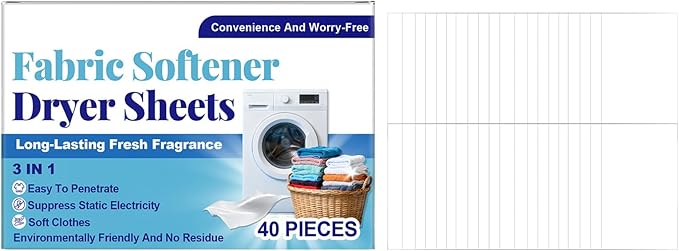 Fabric Softener Dryer Sheets, With Effective Odor Removal, 40 Pieces, Scented Gentle Freshening, Odor Control Laundry Sheets, Static Cling & W-Rinkle Reducer, For Pet Hair Removal, Washing Machine