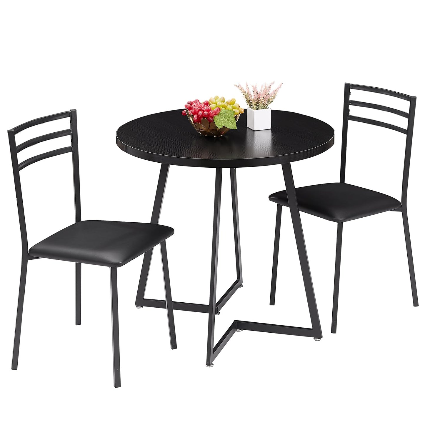 VECELO Small Round Dining Table Set for 2, Heavy-Duty Metal Frame & Upholstered Chair for Breakfast Nook, Kitchen, and Small Space, Black