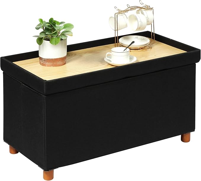 PINPLUS Storage Ottoman Cube, White Linen Footrest with Wooden Legs, Foldable Fabric Footrest, Comfortable Seat with Lid, Ottoman with Storage for Living Room, 30" x 15" x 15"，Black