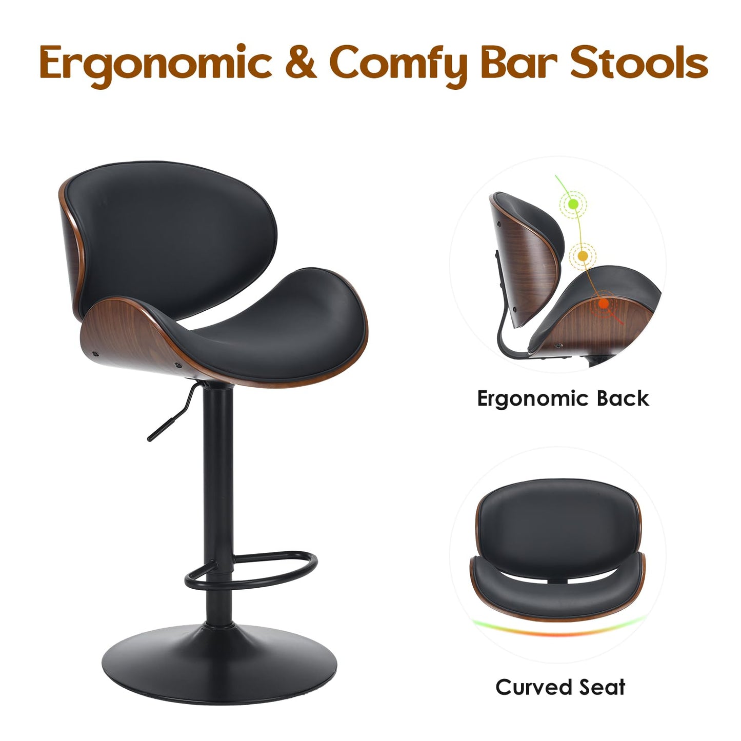 Soohow Adjustable Bar Stools Set for 2, Ergonomic Modern Swivel Bar Stools with Back for Kitchen Island, PU Leather Bar Stool with Footrest Mid Century Barstools, Industrial Counter Height Bar Stools