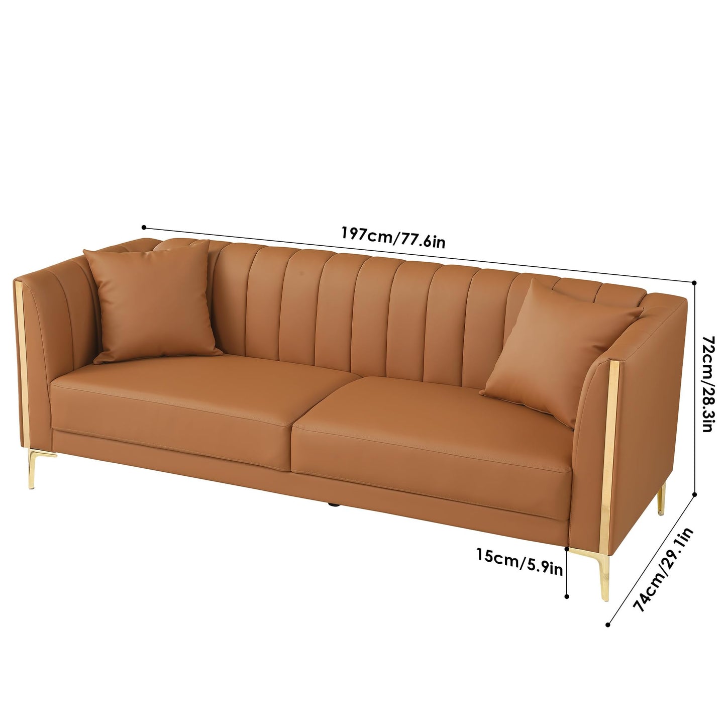FOTOSOK 78'' Sofa, Modern Leather Couches for Living Room, Comfy, Faux Leather Sofa 3 Seater Sofa with 2 Throw Pillows and Gold Metal Legs, Deep Seat Sofas (Brown)