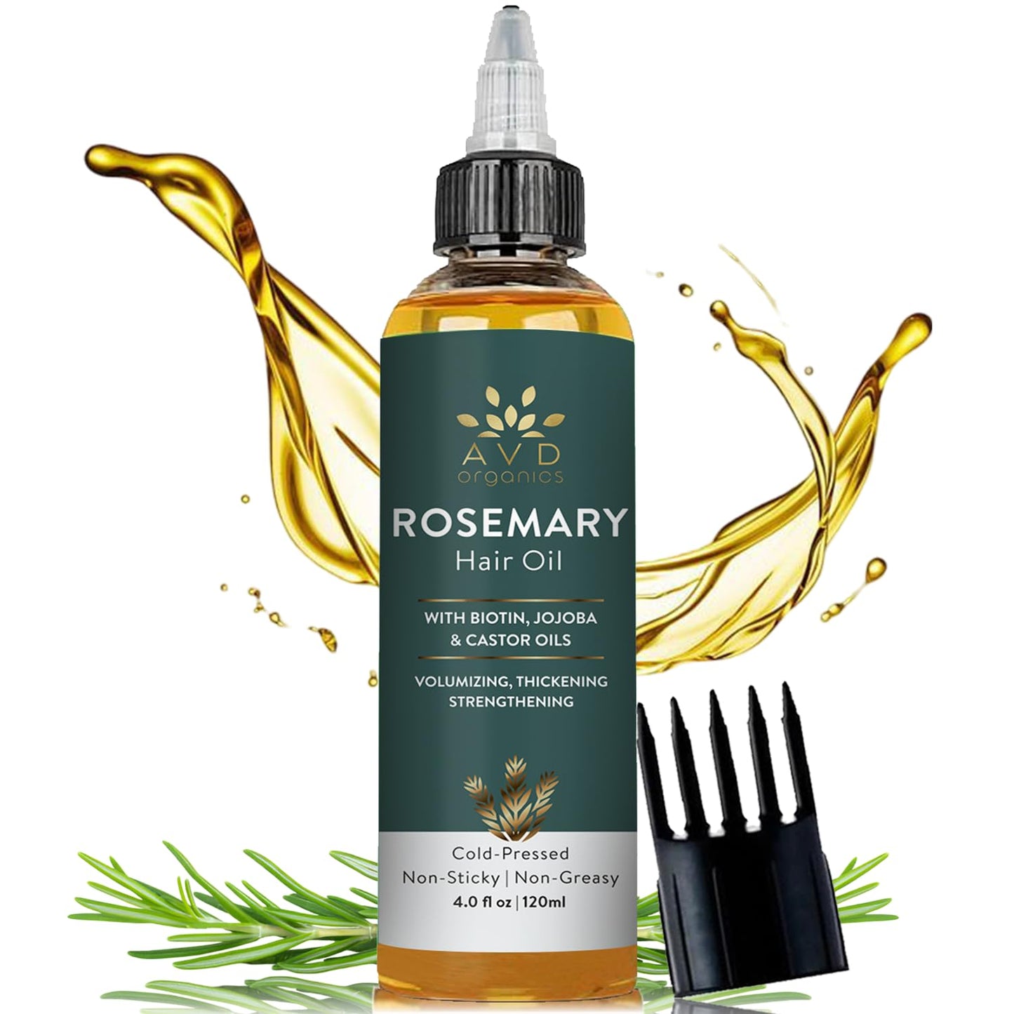 AVD ORGANICS Pure Rosemary Oil for Hair Growth (4.05 fl oz) Infused with Biotin Jojoba & castor Oil | Hair strengthening Treatment | Nourishing & Volumizing– Strengthening, | Non-GMO verified