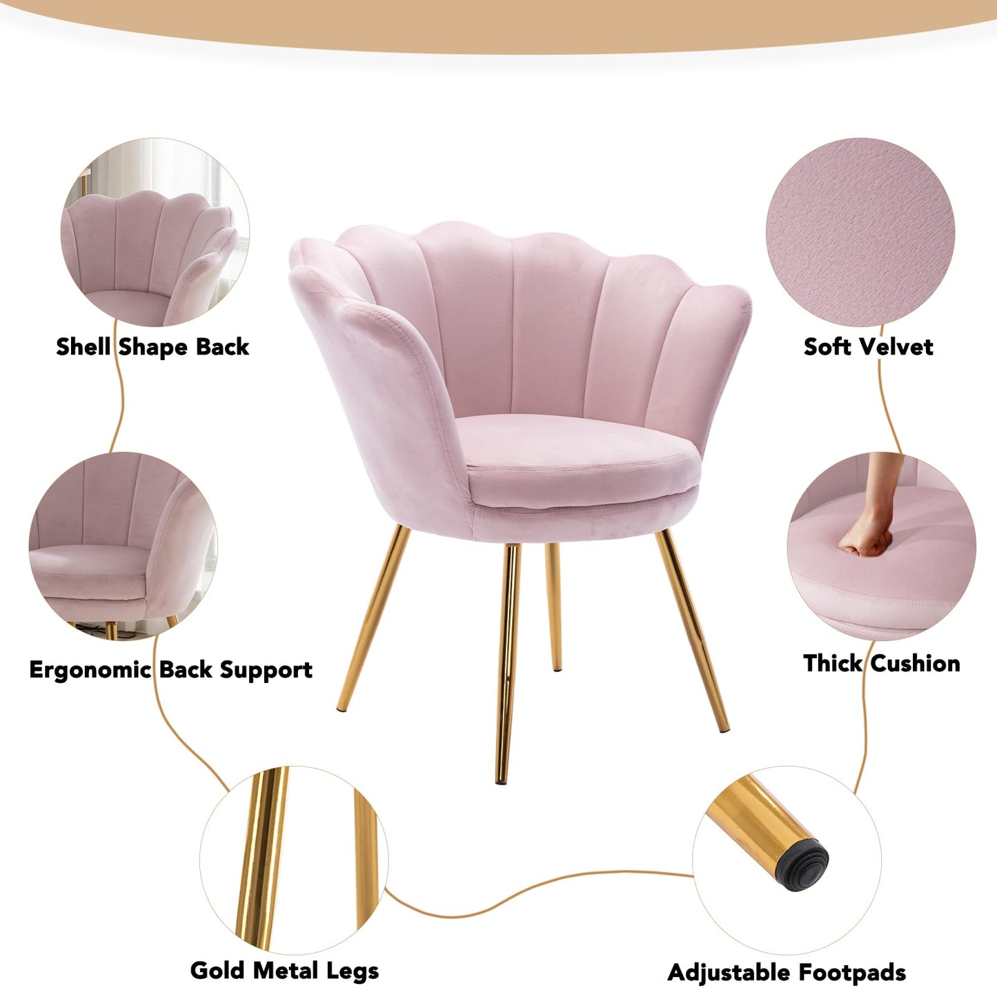 chairus Chair, Mid Century Modern Retro Leisure Velvet Accent Chair with Golden Metal Legs, Vanity Chair for Bedroom Living Room Dresser, Upholstered Guest Chair(Light Pink)